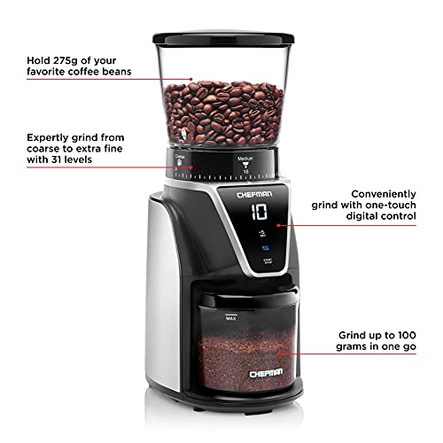 Chefman Conical Burr Coffee Grinder, Fine Flavor Control For Coffee Lovers, Precision Grind Settings For All Brewing Met