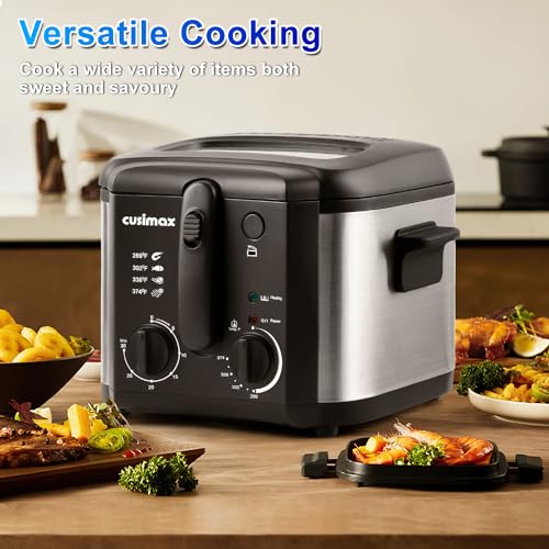 CUSIMAX Electric Deep Fryer for Home Use, 1500W, Adjustable Temperature & Time, Lid with View Window and Odor Free Filte