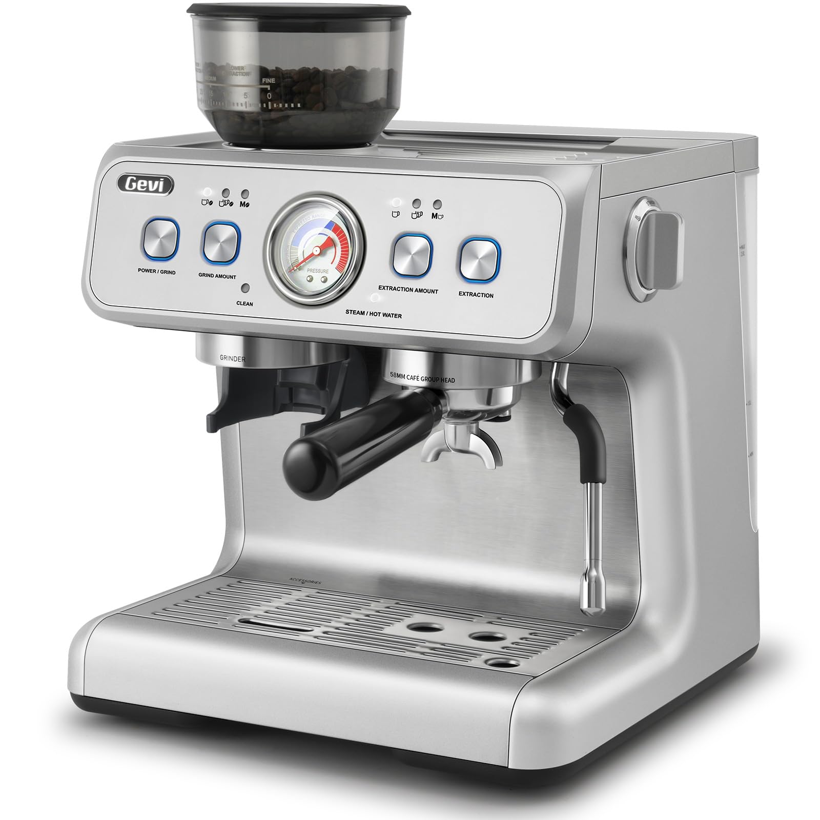 Gevi Dual Boiler Espresso Machine EzBru 2000 | Barista Level Steam Wand | Built-in Grinder | Full Stainless Steel Housin