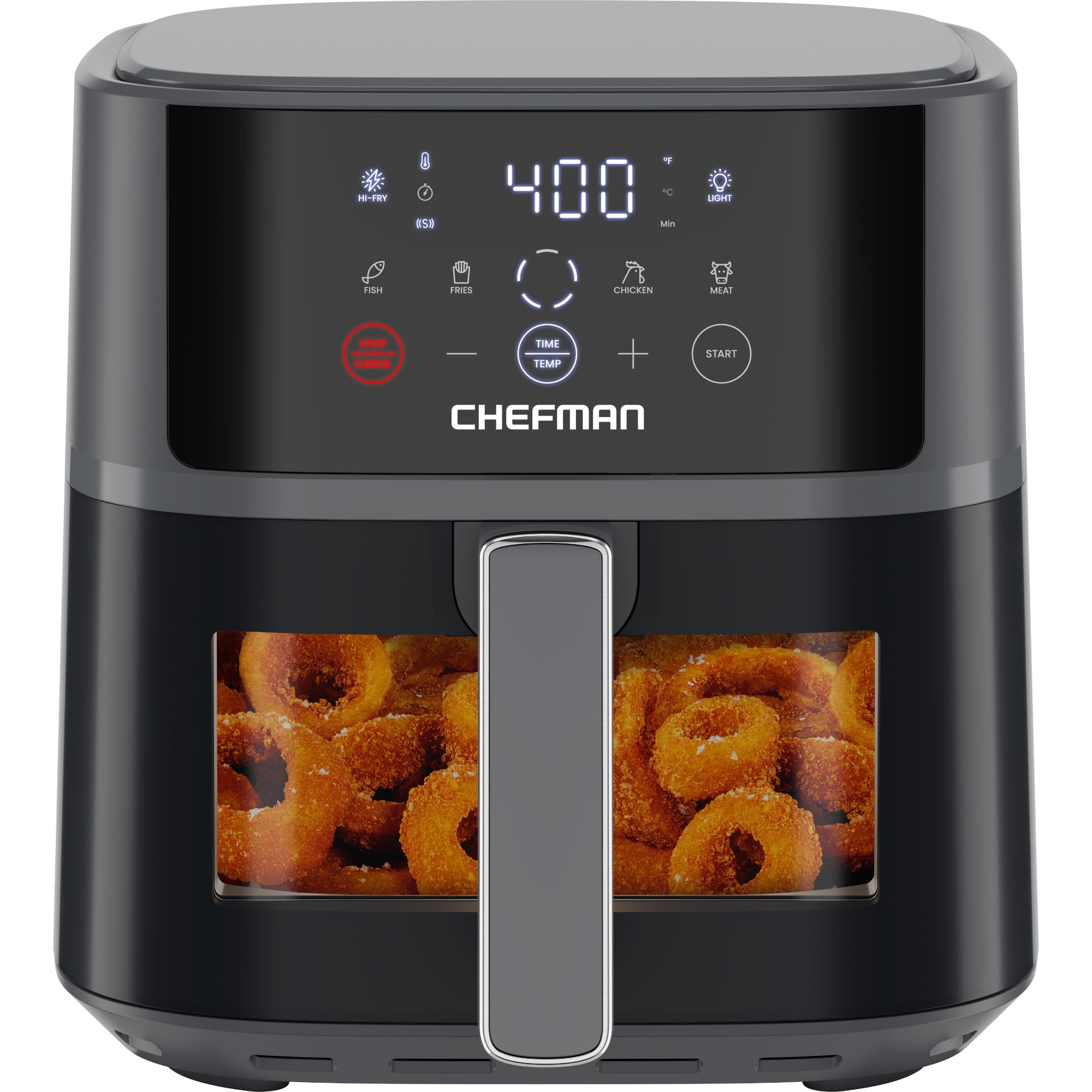 Chefman 6 QT Air Fryer – Quick & Easy Meals, Hi-Fry Technology, Easy-View Window - Grey  
Chefman 6 QT Air Fryer – Compa