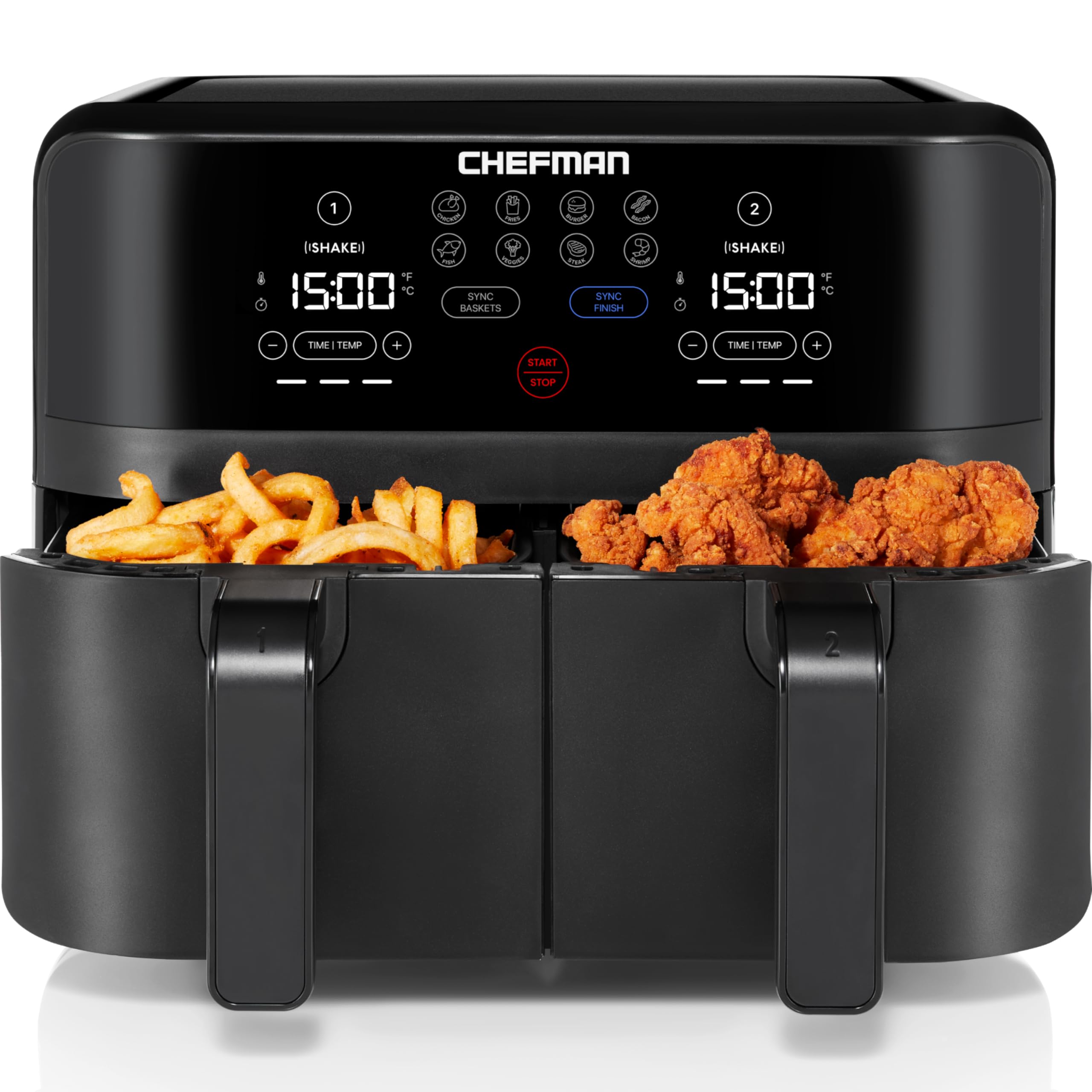 Chefman TurboFry Touch Dual Air Fryer, Double Basket Capacity For Healthier Meals, One-Touch Digital Controls And Shake