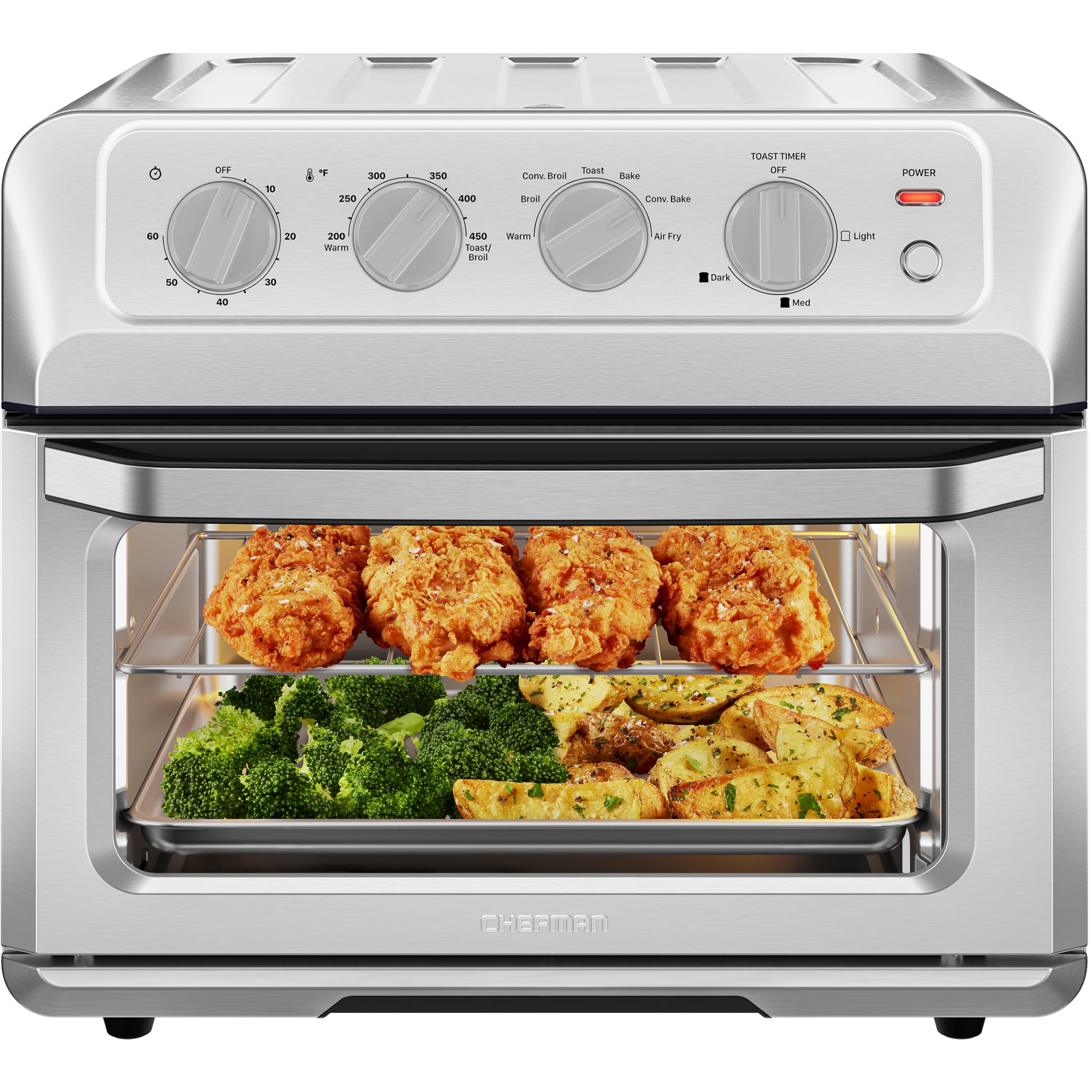 Chefman 7-In-1 Air Fryer Toaster Oven Combo, Stainless Steel Cook a 10 Inch Pizza, Air Fry 2 lb. of Chicken Wings, Auto
